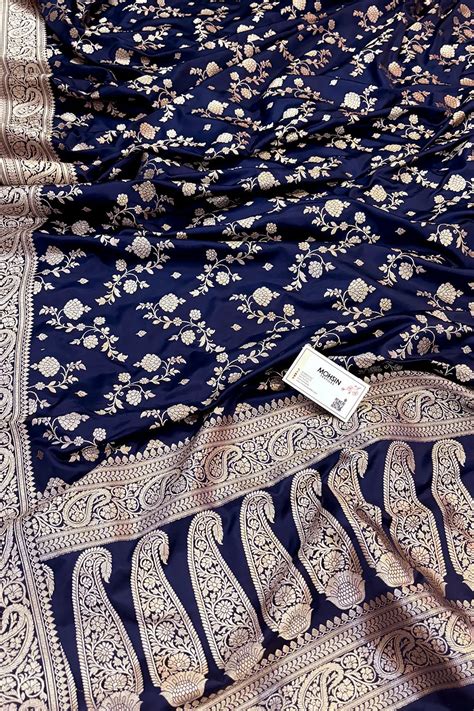 Navy Blue Nafis Jaal Katan Silk Banarasi Saree – Mohsin Textiles