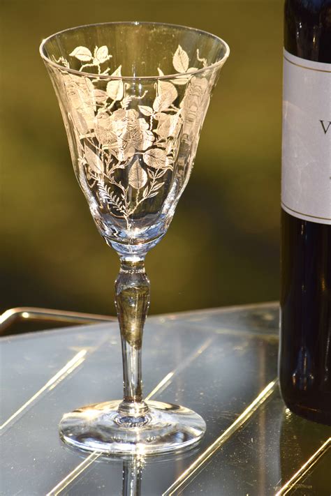 Vintage Tall Wine Glasses, Floral Etched Optic Glass, Set of 2, Made by ...