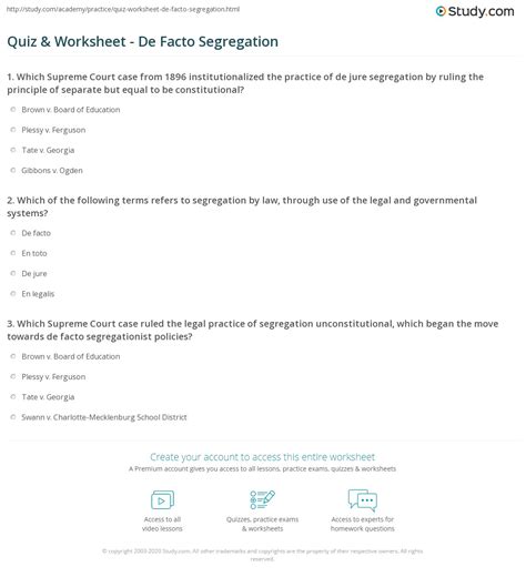 Quiz & Worksheet - De Facto Segregation | Study.com