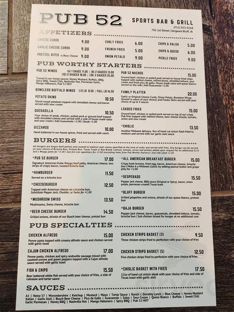 Pub 52 menu in Sergeant Bluff, Iowa, USA