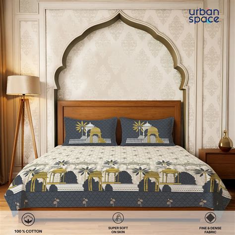 Regal Cotton Aangan Grey Bedsheet with Pillow Covers, Panel Design ...