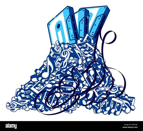 Retro magnetic tape audio cassette on top of mountain made of notes and ...