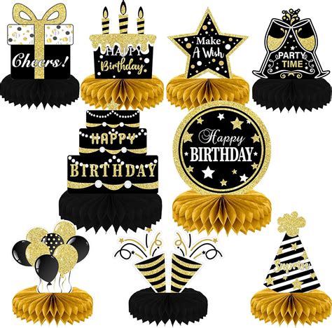 Buy 9 Pieces Black Gold Birthday Decorations Birthday Centerpieces for ...