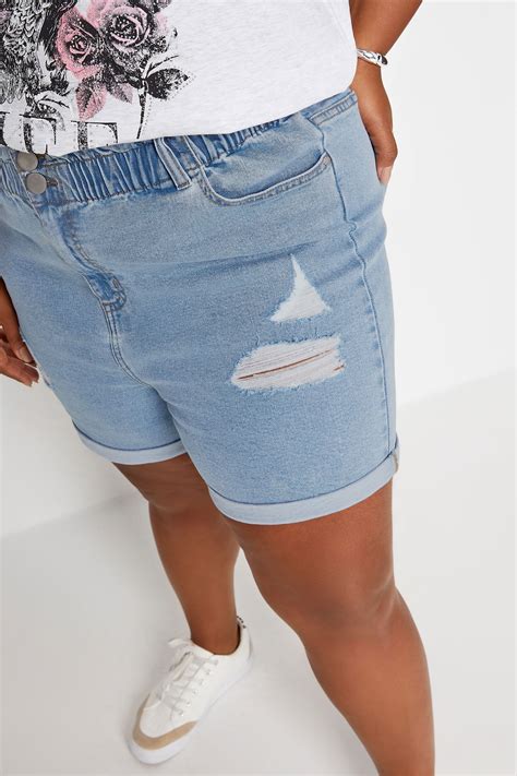 YOURS Plus Size Light Blue Elasticated Stretch Ripped Denim Shorts ...