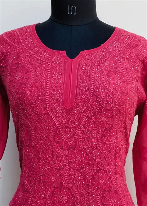 Lucknowi Chikankari Short Kurti Maroon Georgette With Self & Mukaish W ...