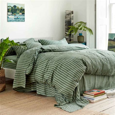Pine Green Pembroke Stripe Linen Blend Duvet Cover | Piglet in Bed UK