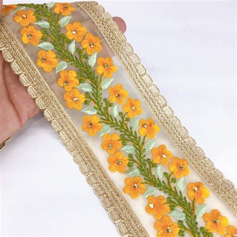 Lami - 9 MTS. Yellow Resham Embroidery Border & Gold Lace Piping ...