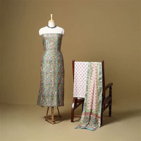 Green Maheshwari Silk Sanganeri Hand Block Print 3pc Unstitched Dress ...