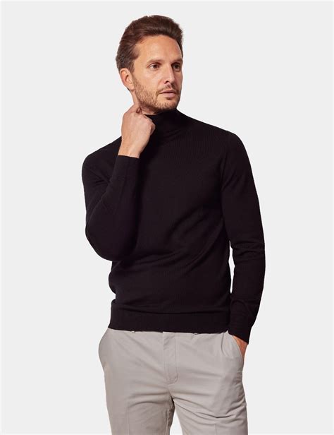 Men's Black Roll Neck Merino Sweater - Machine Washable | Hawes & Curtis