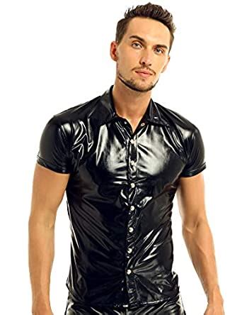 MSemis Men's PU Leather Shirts Tops Button Down Short Sleeve Wetlook ...