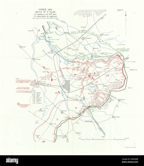 Battle of St Julien 30th April 1915. Ypres Salient pre-withdrawal. WW1. 1928 map Stock Photo - Alamy