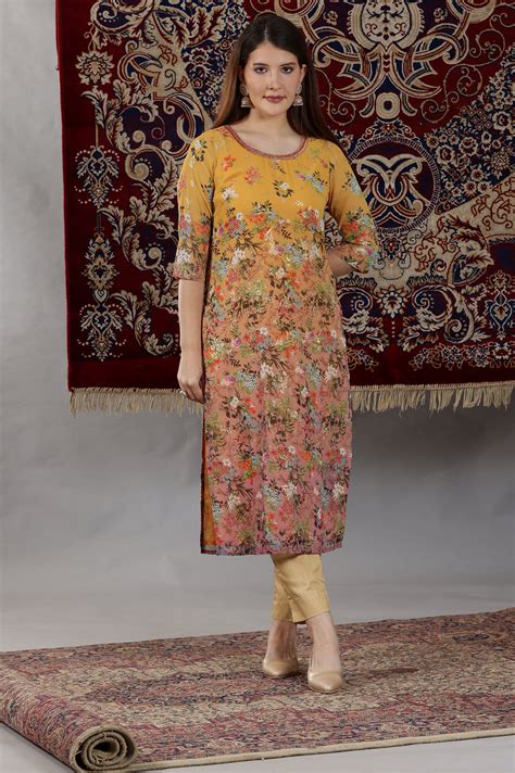 Buy Yellow and Peach Straight Georgette Kurta with Multi-colour Floral ...
