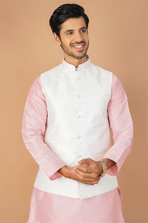 Buy Wintage Men's Banarasi Rayon Cotton White Nehru Jacket