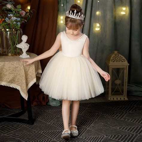 Girls Champagne Beaded Neck Tulle Overlay Party Dress with Statement B ...