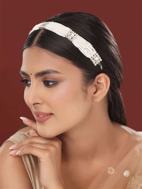 White Gold-Plated Kundan Studded & Beaded Sheeshphool