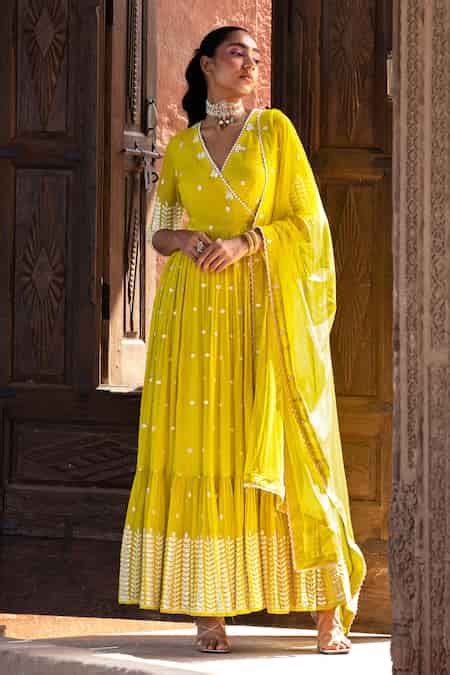 Buy Green Cotton, Tulle, Net Lace V-neck Leaf Pattern Angrakha Anarkali ...