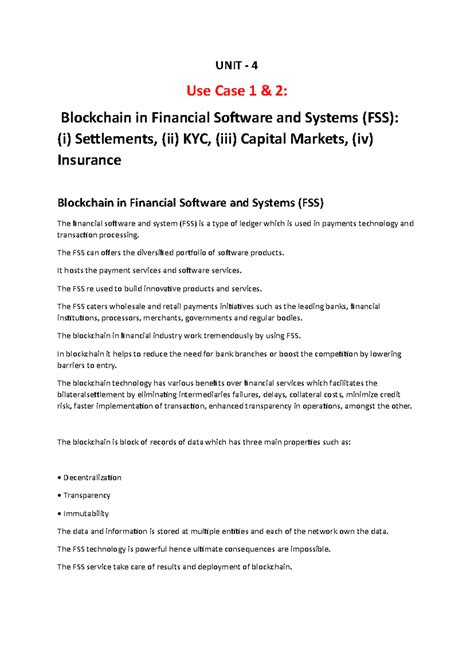 UNIT 4 Blockchain: Financial Software & Trade Use Cases Insights - Studocu