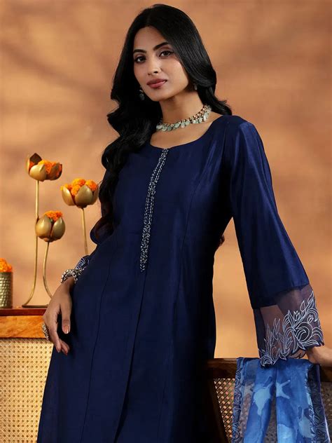 Buy Blue Yoke Design Silk Blend Straight Suit With Dupatta Online at Rs ...