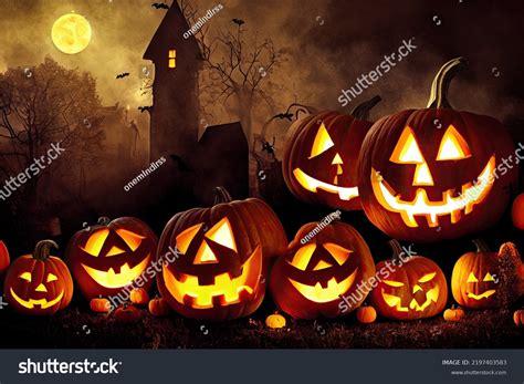 Halloween Spooky Background Scary Pumpkins Faces Stock Illustration ...
