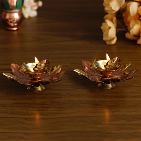 Pure Copper / Brass Elegant Handcrafted Metal Lotus Diya Set of 2 Diwa ...