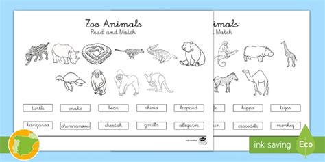 A2 Ficha de emparejar palabra con dibujo: Animales del zoo en inglés