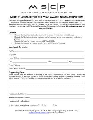 Fillable Online michiganpharmacists MSCP PHARMACIST OF THE YEAR AWARD ...