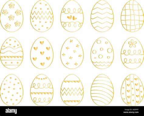 Golden egg outline set. Decorated with hearts, wave, dots, flowers ...