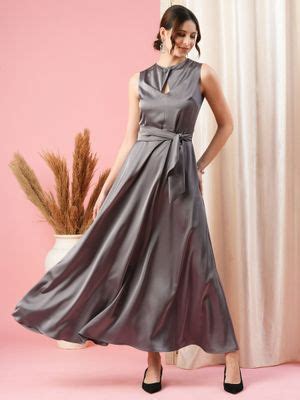 Buy LUXE By MISH Satin Grey Maxi Dress with Belt (Set of 2) Online