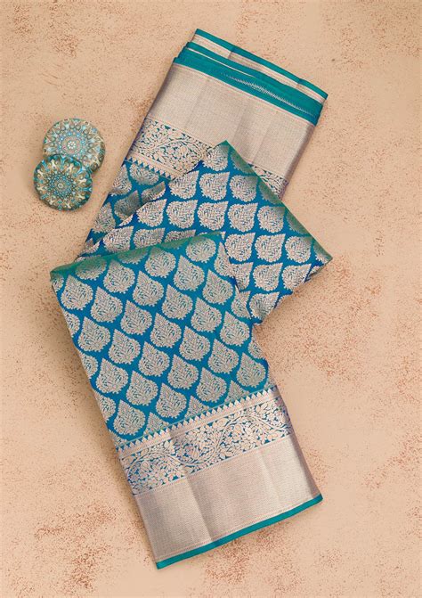 Buy Peacock Blue Zariwork Pure Silk Saree - Koskii