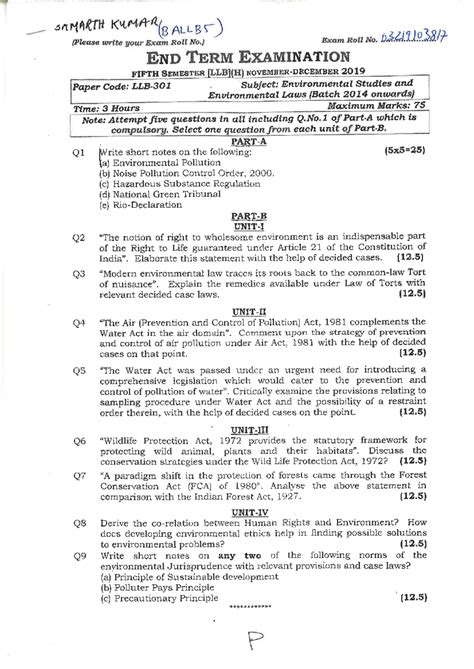 BA LLB 5 (2019 ) - Naianajajajanz - SAMARTH KUMAR ALLB5) Exam Roll No ...