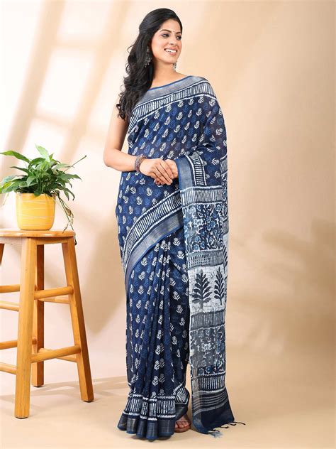 Indigo Bloom - Handblock Print Linen Cotton Saree – baedesi