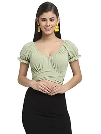ELEVANTO Women's Latest Ruffle Stylish Short Sleeve Tie Up Back Crop ...