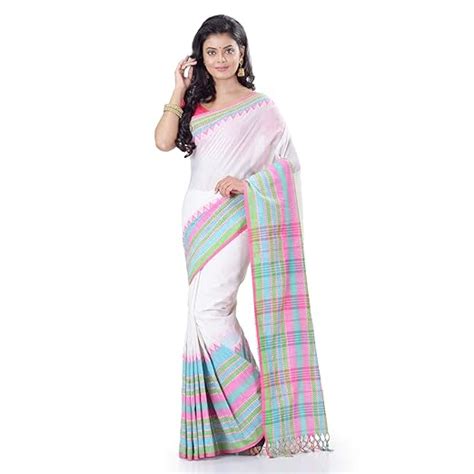 Buy WoodenTant Women’s Pure Cotton Begampuri Saree In White With ...