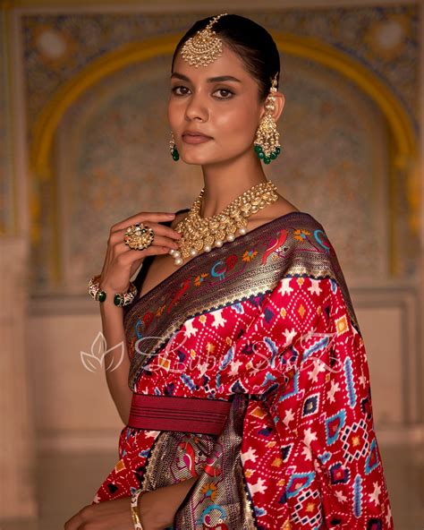 Blue Red Patola inspired Pochampally with Paithani Border and Pallu ...