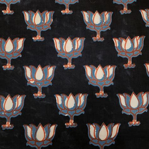 (PRE-CUT 2 METER) Pure Cotton Bagru Black With Blue Lotus Flower Hand ...