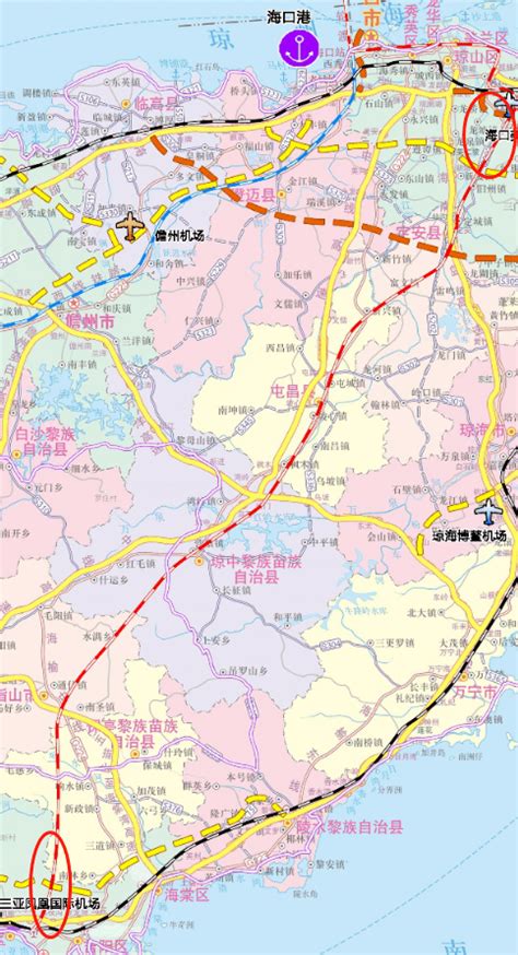 海南综合交通规划示意图公布，海口至三亚中线铁路是这样走向！_公路