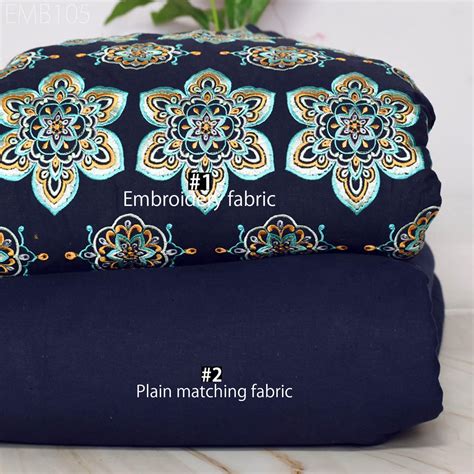 Navy Blue Embroidered Cotton Fabric by Yard Indian Embroidery Sewing D ...