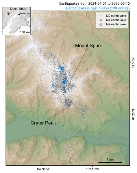 Map showing all earthquakes recorded within 25 km of Mt Spurr during the current unrest period ...