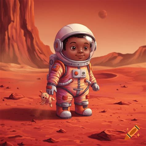 Cartoon style child astronaut standing on the red surface of Mars holding a small stuffed toy ...