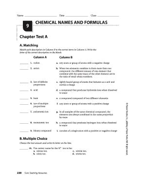 Chemical Names and Formulas Chapter Test A - Blank Fillable Template ...