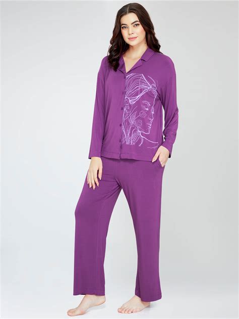 ZEYO Women's Viscose Purple Printed Night Suit Set of Shirt & Pyjama