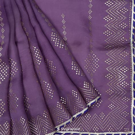Deep Lavender Printed Organza Saree With Mukaish Work | Singhania's