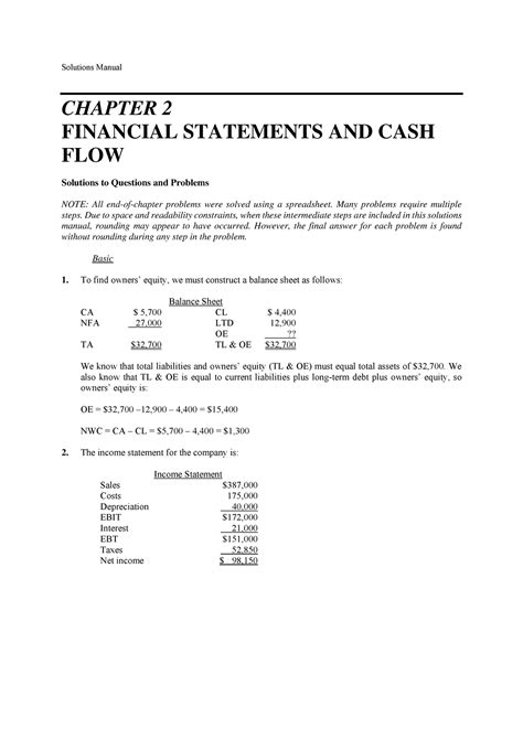 Cash flow - CHAPTER 2 FINANCIAL STATEMENTS AND CASH FLOW Solutions to ...