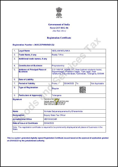 GST Registration Certificate for NEELAM MOUNIKA - Reddy Tiffins - Studocu
