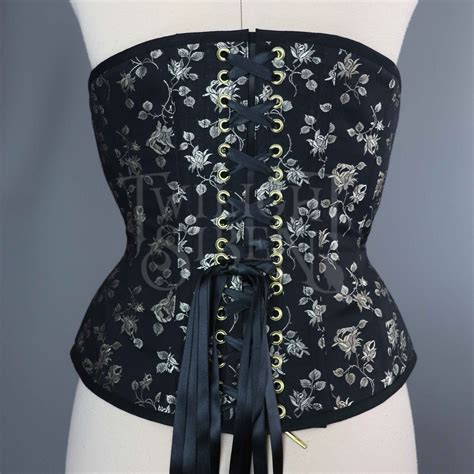 24 INCH WAIST BLACK AND CHAMPAGNE GOLD ROSEBUD COUTIL UNDERBUST CORSET ...