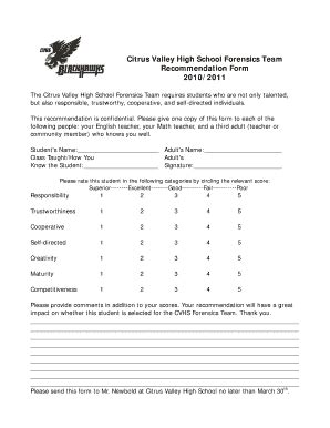 Fillable Online Speech Recommendation Form - Citrus Valley High School ...