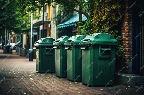 Premium Photo | Plastic green trash cans on street Waste containers for ...