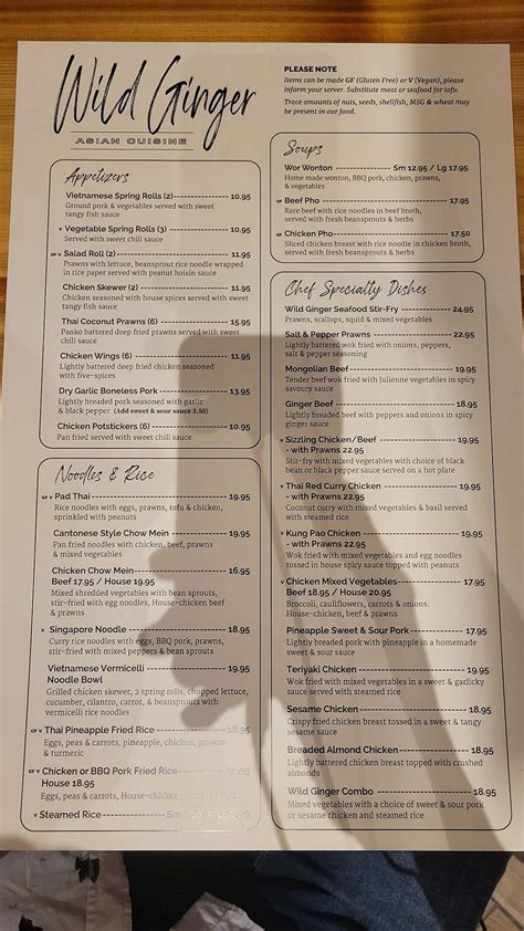 Menu at Wild Ginger restaurant, Penticton