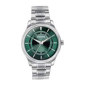 Sonata Quartz Analog Green Dial Silver Stainless Steel Strap Watch for ...