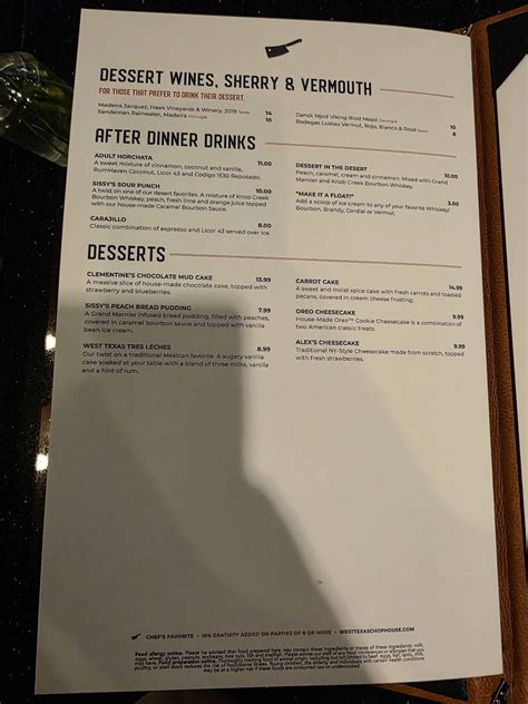 Menu at West Texas Chophouse steakhouse, El Paso